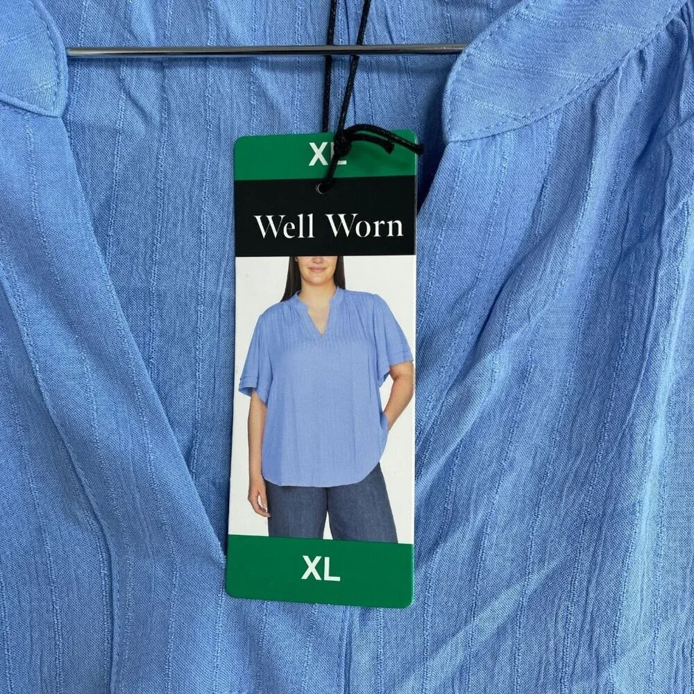 Well Worn Women's XL Blue V-Neck Short Sleeve Top 100% Viscose n1027